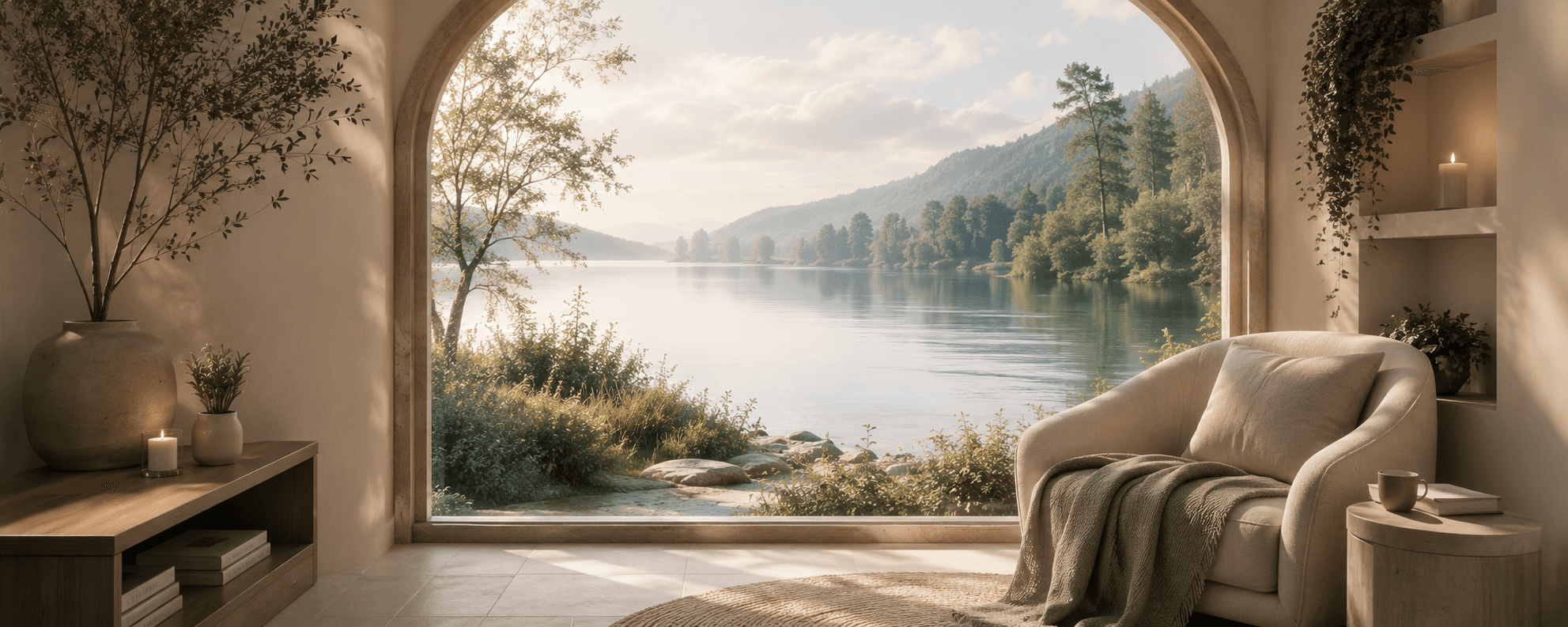 A calm lakeside room at sunrise